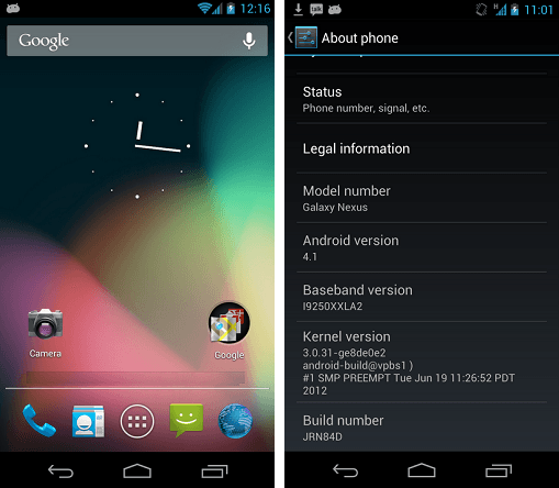 Galaxy Nexus Android 4.1.2 home